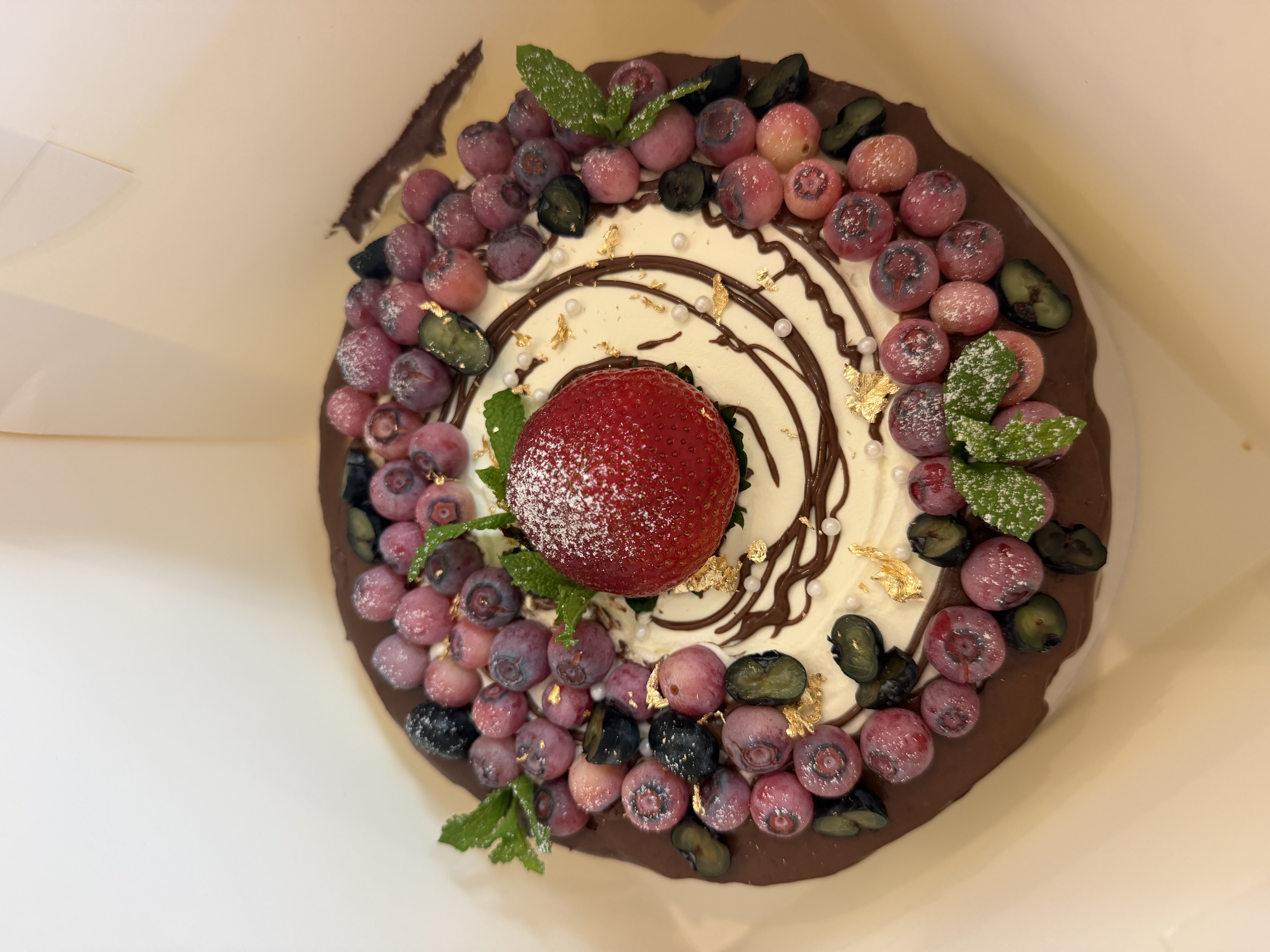 Chocolate berry cake, overhead view